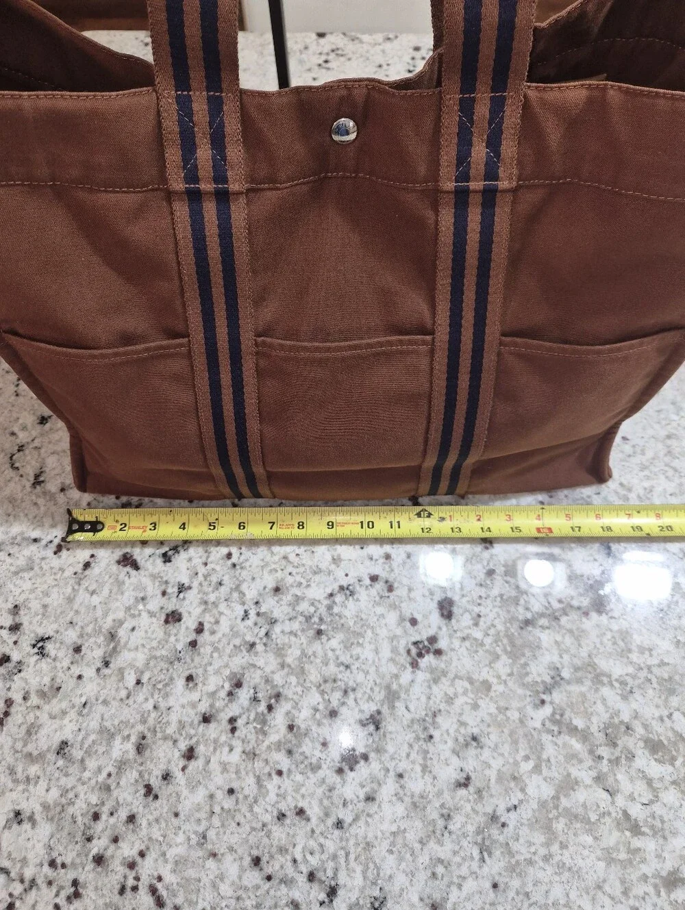 Hermès Fourre Tout GM Canvas Tote Bag Brown Navy Blue Striped Vintage